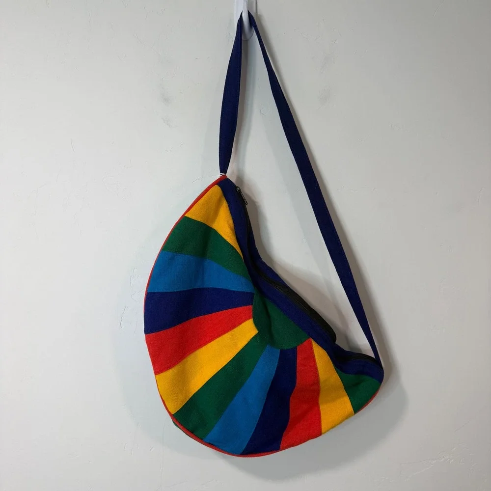 Just Bags Womens Hobo Bag Large Multi New Rainbow Striped Cotton Crescent